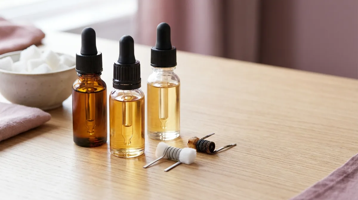 Flacons d'e-liquides gourmands et résistance de cigarette électronique posés sur un comptoir