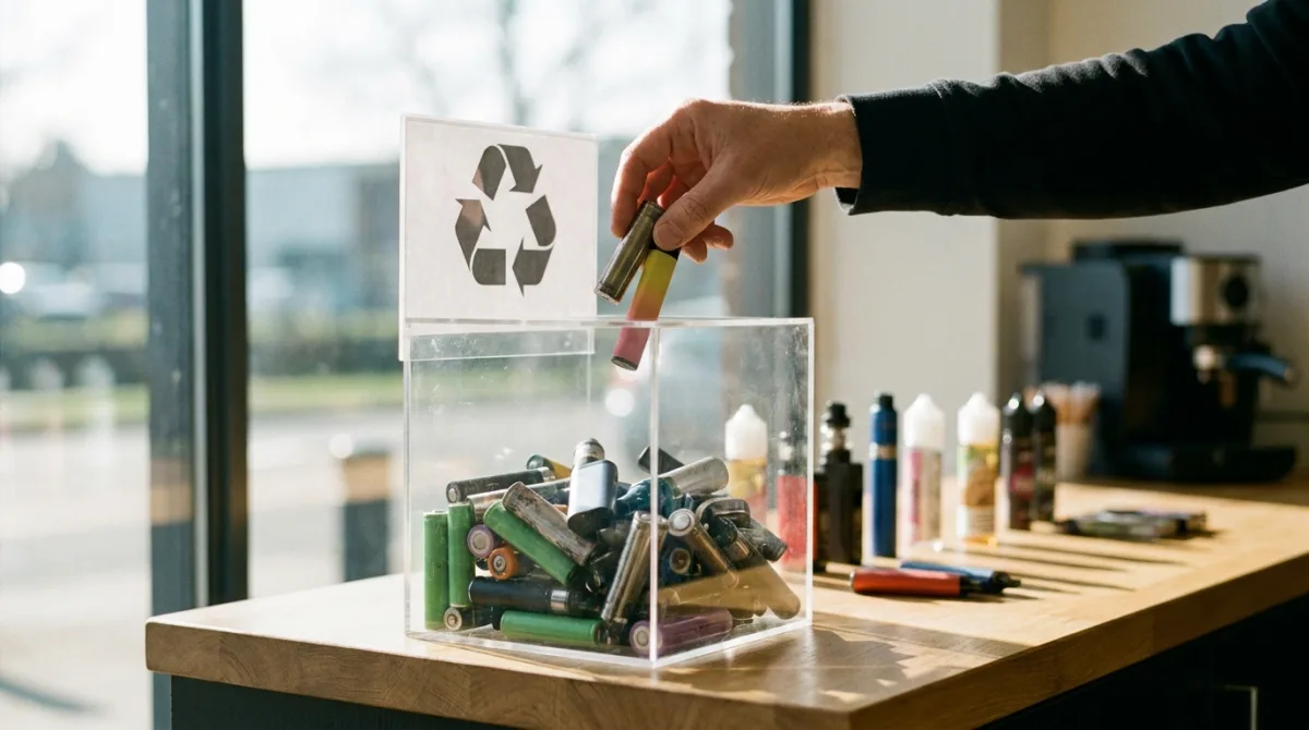 Un vapoteur adulte dépose des accumulateurs et des cartouches de cigarette électronique usagés dans une boîte de recyclage dédiée sur le comptoir d'une boutique spécialisée.