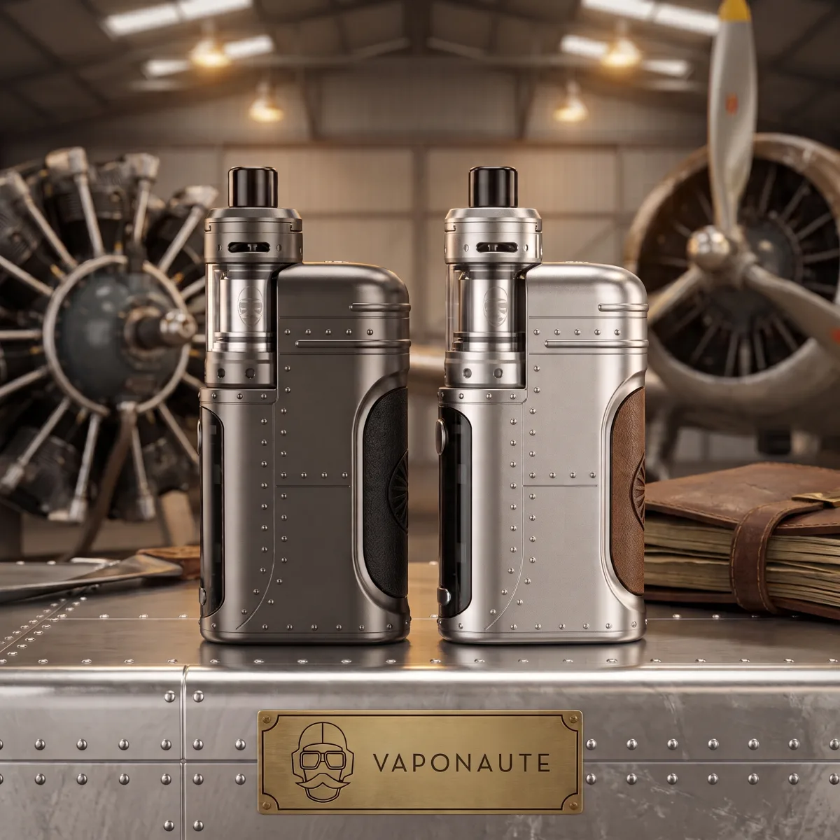 Kit cigarette électronique Vaponaute VB26 en finition métallique posé à côté de son coffret sur une table en bois